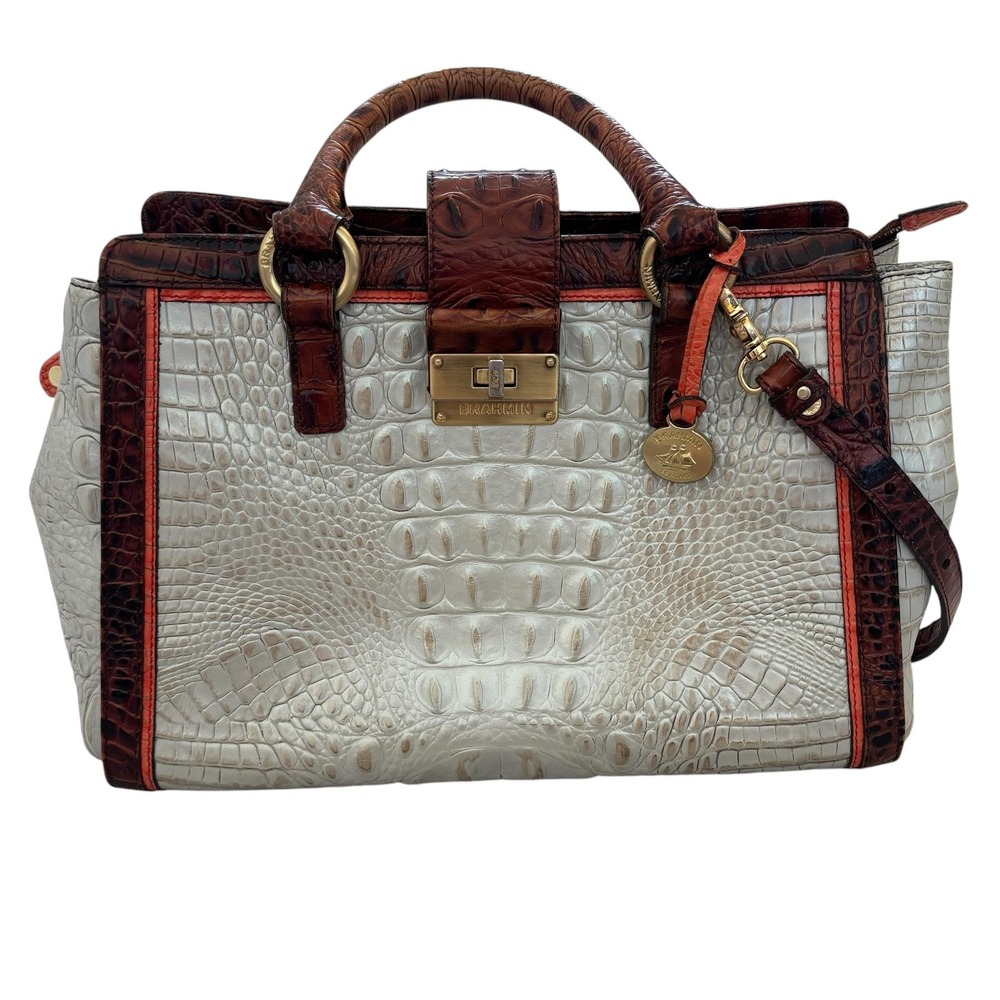 Brahmin Croc Embossed Satchel Bag Womens Medium Beige Brown Top Handle Classic - Picture 1 of 14